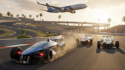 A pack of supercars led by an orange Lamborghini drives past a drifting Ford Mustang and off-roaders heading in the opposite direction, all in Mexico's desert surrounded by cacti and beach trees.